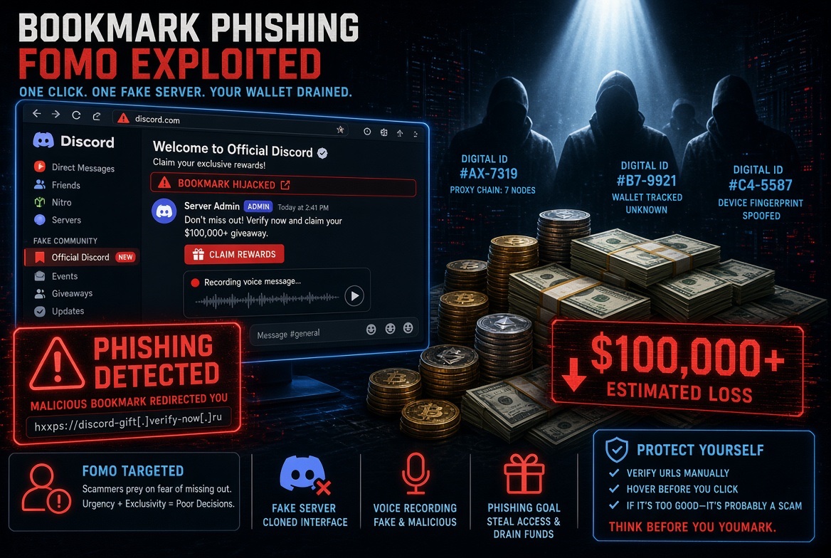 Con_Alert's tweet photo. The people believed to be responsible for the bookmark phishing scam aimed at FOMO users have been identified. According to a recording of a Discord call, the losses are said to have surpassed $100,000. https://t.co/XHqEstiVoK