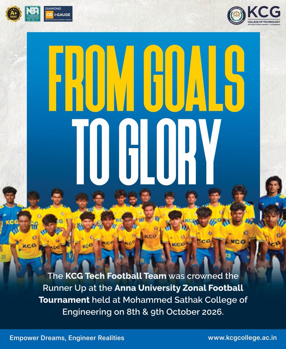 KCGtechnology's tweet photo. KCG College of Technology proudly congratulates its Football Team on securing the Runner-Up position at the Anna University Zonal Football Tournament, held at Mohammed Sathak College of Engineering on 8th and 9th October 2026.
#KCGCollege https://t.co/lhyMLtA22B