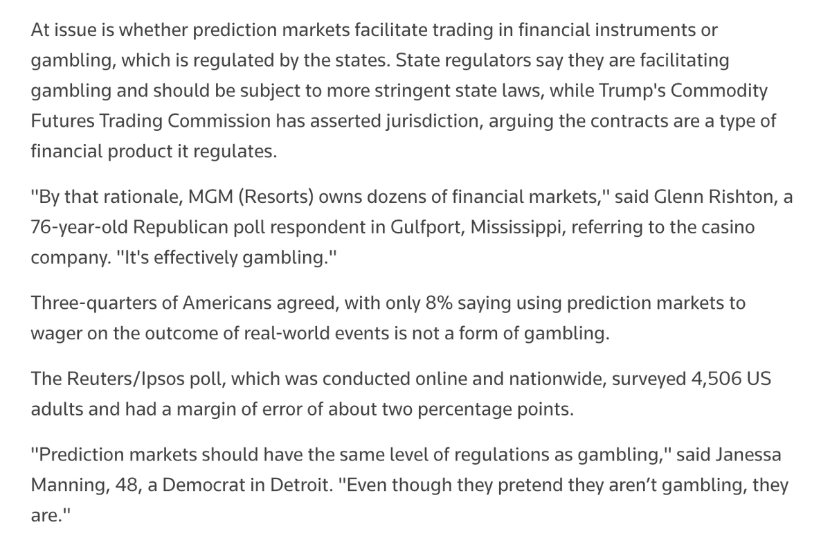 0xForecaster's tweet photo. prediction markets have a weird identity problem right now

the cftc just proposed explicitly including event contracts in its definition of a swap

a reuters/ipsos poll out today says 75% of americans still see prediction markets as gambling

the legal framing is moving toward finance. most people still put it in the betting bucket

turns out changing the category on paper is a lot easier than changing the category in people’s heads