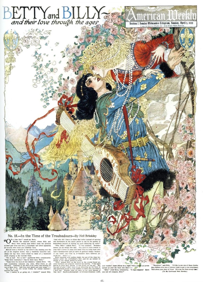 BluebellRaven's tweet photo. Nell Brinkley, "Betty and Billy and their Love Through the Ages". Cover of the American Weekly supplement within the Sunday Milwaukee Telegram. April 2, 1922. https://t.co/FH2g7uD2qY