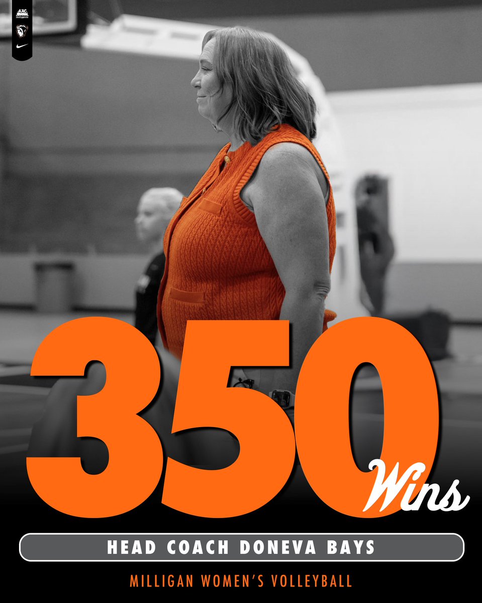 MilliganBuffs's tweet photo. 𝟑𝟓𝟎 𝗖𝗔𝗥𝗘𝗘𝗥 𝗪𝗜𝗡𝗦 🏐👏🏼
Congratulations to Head Coach Doneva Bays on earning her 350th career win Friday evening against Montreat! 🦬
#MountaintopMentality🌄 | #MilliganWVB https://t.co/KjDc38Kebq
