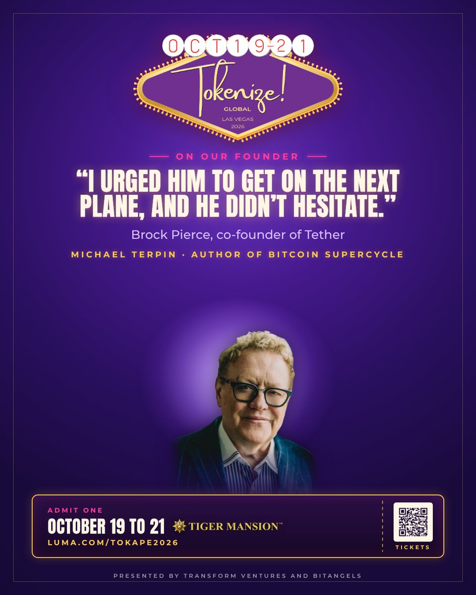 TokenizeCon's tweet photo. "I urged him to get on the next plane, and he didn't hesitate." Brock Pierce @brockpierce, co-founder of Tether, on @michaelterpin. This October, our founder brings Tokenize! to @TigerMansionLV.

https://t.co/Nv9McieKnn 

#TokenizeLV #Money2020 https://t.co/5EZBG9MRC8