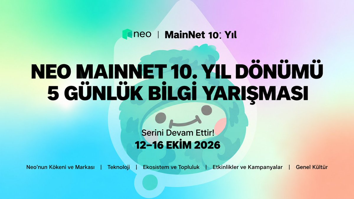 Neo_Turkish's tweet photo. 🎉🇹🇷 NEO MAINNET 10. YIL ÖZEL ETKİNLİĞİ BAŞLADI! 💚🚀

Neo'nun 10. yıl dönümünü topluluğumuzla birlikte kutluyoruz! 🎂

@ngd_neo tarafından düzenlenen 5 günlük bilgi yarışmasına katıl, Neo ekosistemi hakkındaki bilgilerini test et ve $GAS ödülleri kazan! 🎁

📅 12–16 Ekim 2026
🧠 5 Gün – 5 Farklı Konu
💰 Her gün GAS kazanma fırsatı!

📌 NASIL KATILABİLİRSİN?

✅ Her gün farklı bir konuda bilgi yarışması paylaşılacak.
✅ Günün tüm sorularını doğru yanıtlayan ilk 20 katılımcı 1 $GAS kazanacak.
✅ Art arda katılım sağlayarak ekstra GAS ödülleri kazanabileceksin!

🔥 SERİ BONUS ÖDÜLLERİ:

🥉 2 gün üst üste → +3 GAS
🥈 3 gün üst üste → +8 GAS
🥇 4 gün üst üste → +14 GAS
🏆 5 gün üst üste → +20 GAS

💎 Günlük ödüller ve seri bonusları birlikte kazanılabilir!

📢 Yarışmalar her gün farklı saatlerde yayınlanacak. Hiçbir fırsatı kaçırmamak için @ngd_neo hesabını takip et ve bildirimleri aç! 🔔

🇹🇷 Neo Türkiye topluluğu, hazır mısınız?

💚 10 yıllık bir geçmiş, güçlü bir topluluk ve birlikte yazacağımız yeni bir gelecek!

🚀 Haydi Türkiye! Bilgimizi gösterelim, ödüllerimizi kazanalım ve Neo'nun 10. yılını birlikte kutlayalım!

#NEO #NeoMainNet10 #NeoTürkiye #GAS #Blockchain