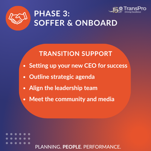 TransProConsult's tweet photo. We are back with the necessary steps agencies should take to define success! Phase 3 of Recruiting Your Next CEO: Offer &amp; Onboard. Led by former CEOs, #TransPro runs a disciplined, three-phase search, from the board's first kickoff to your new executive's first year. #TransitCEO https://t.co/mAAvJ1U6zF