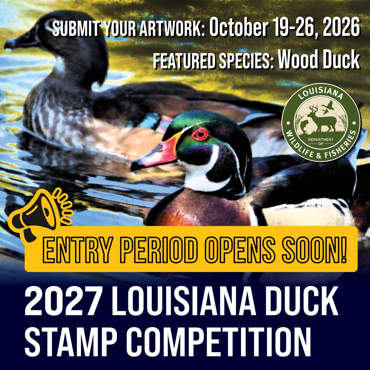 LDWF's tweet photo. 🎨🦆 2027 Louisiana Duck Stamp Contest entries open Oct. 19–26! Featured species: wood duck. Ages 18+; $50 entry fee.

Judging: Oct. 28, 10 a.m., LDWF Headquarters, Baton Rouge. Public welcome!

Details: https://t.co/QCXR4qjeUo https://t.co/VhsPoRwDCe