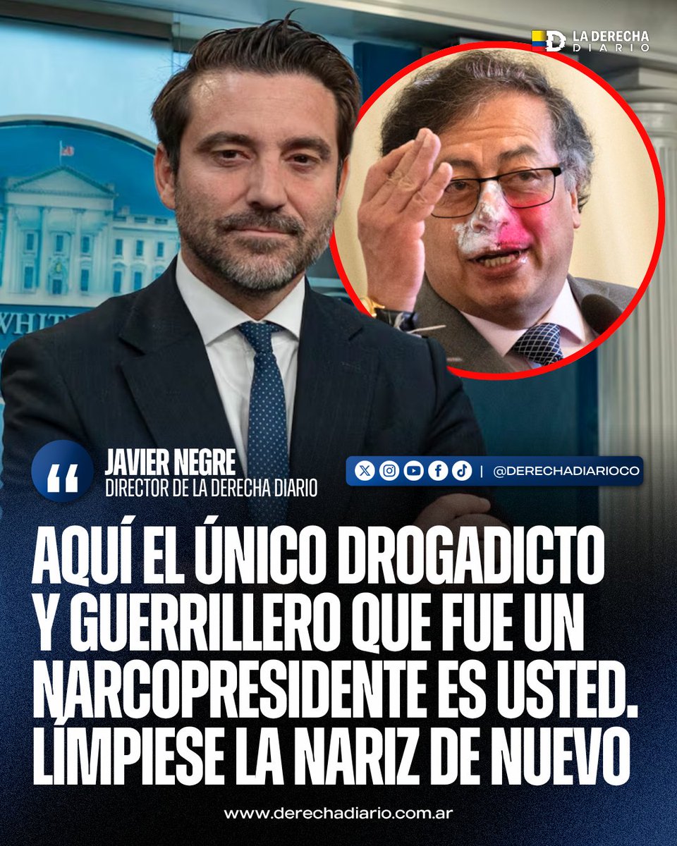 DerechaDiarioCO's tweet photo. 🚨🇨🇴🇪🇸🇺🇸 | BASADO: El director de La Derecha Diario, @javiernegre10, destrozó al drogadicto y amante de transexuales Gustavo Petro luego de que este acusara a Donald Trump y a la derecha de estar ligados al "narcotráfico" y de imponer “presidentes narcos”.

“Aquí el único drogadicto y guerrillero que fue un narcopresidente es usted. Límpiese la nariz de nuevo”.