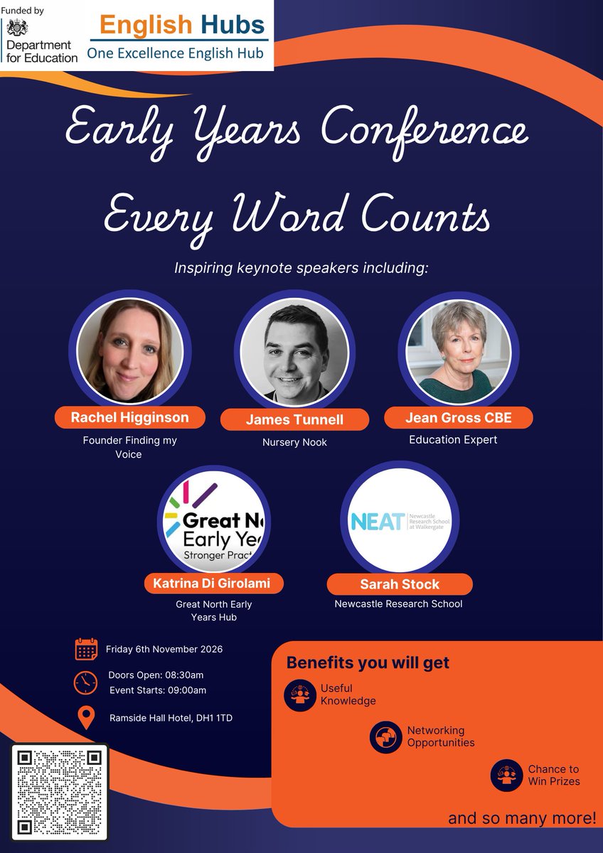 OneExcellenceEH's tweet photo. 🌟 FREE EYFS Conference: Every Word Counts 🌟

Join us on 6 Nov 2026 at Ramside Hall Hotel for a day of practical, evidence-informed CPD exploring communication, language &amp; early writing.

🎤 Expert speakers 🤝 Networking 🎁 Prizes

Book now: https://t.co/qWljCAfHV6 https://t.co/SP3Hq2jCrW