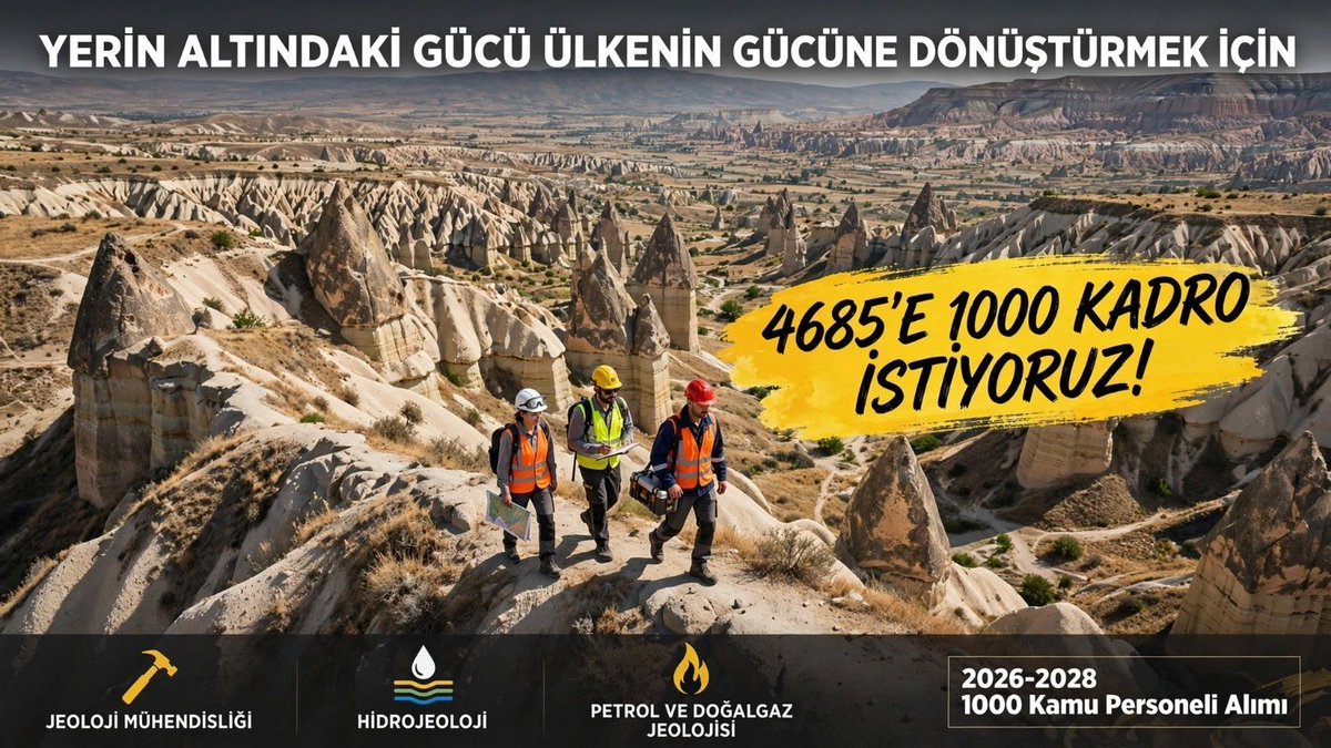 JeoGencNet's tweet photo. 📢 Sayın MTA Genel Müdürümüz Vedat Yanık ve @MTAGenelMd’ye çağrımızdır!

🇹🇷 Türkiye’nin yeraltı kaynaklarını araştırmak, maden potansiyelini ortaya çıkarmak, jeolojik haritalamalar yapmak ve doğal afet risklerinin anlaşılmasına bilimsel katkı sunmak için uzman mühendislerin emeği büyük önem taşıyor.

Jeoloji mühendisleri yer kabuğunun yapısını ve maden yataklarını araştırırken; hidrojeoloji mühendisleri yeraltı su kaynaklarının belirlenmesine, petrol ve doğal gaz jeolojisi uzmanları ise enerji kaynaklarının araştırılmasına katkı sağlayabilir. MTA ve ilgili kamu kuruluşlarında bu uzmanlıklardan daha etkin yararlanılması, ülkemizin doğal kaynaklarını bilimsel verilerle değerlendirmesine destek olacaktır.

Yetişmiş mühendislerimiz görev bekliyor; ülkemizin kaynakları uzmanlık ve bilimle değerlendirilmeyi bekliyor!

2026 KPSS merkezi atamalarında Jeoloji Mühendisliği, Hidrojeoloji Mühendisliği ve Petrol ve Doğal Gaz Jeolojisi mezunlarını kapsayan 4685 nitelik koduna toplam 1000 kadro talep ediyoruz.

#Jeoloji4685e1000Kadro