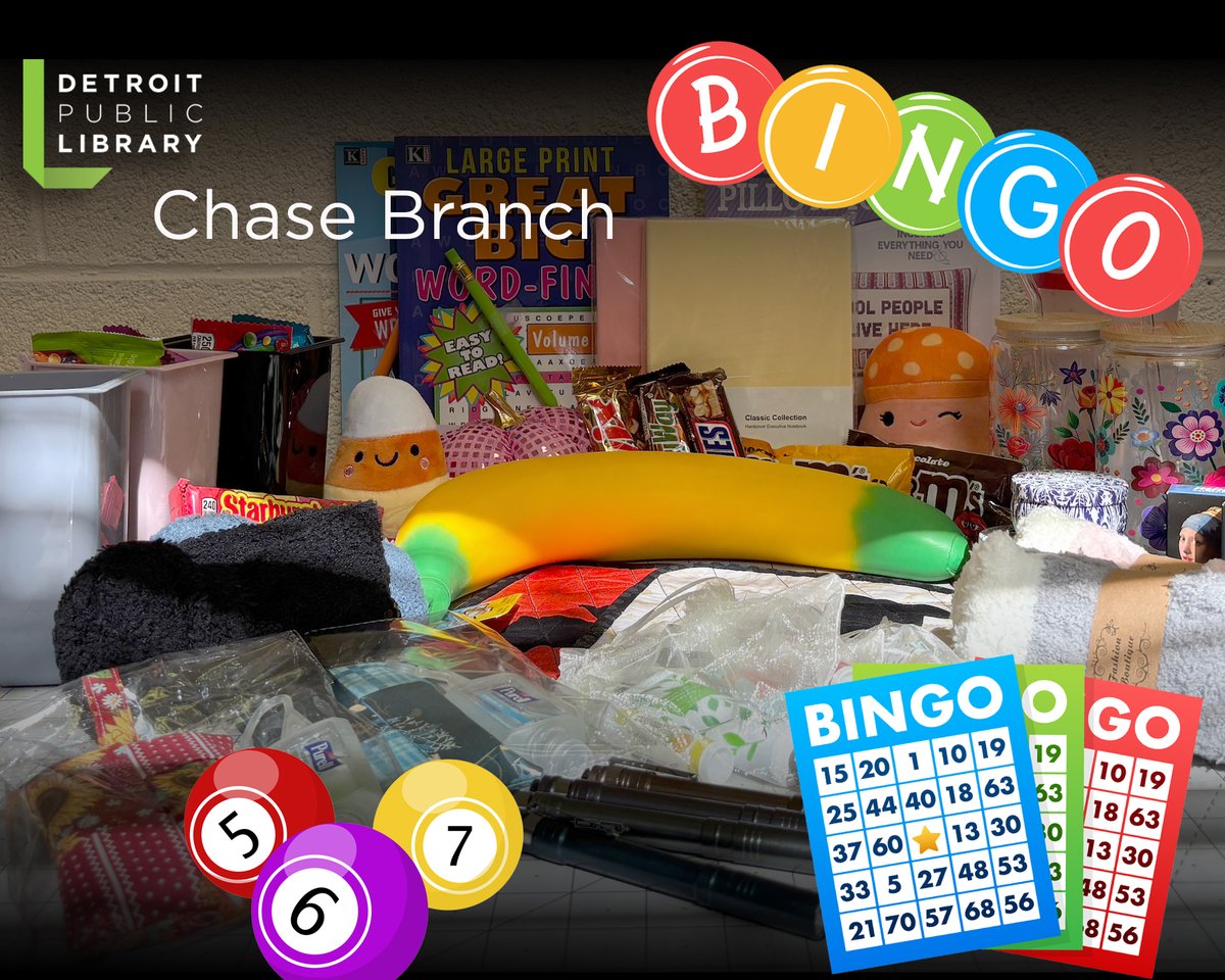 DetroitLibrary's tweet photo. "Get out of the House" and head over to the #detroitpubliclibrary Chase Branch on the second Wednesday of the month for Bingo! Next one is this Wednesday, October 14 at 1 pm. Light refreshments provided--plus check out some of the cool prizes! https://t.co/x9YAICKSAe