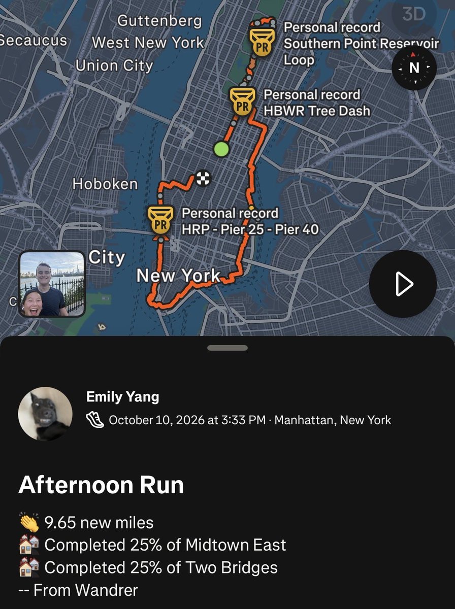 emyang___'s tweet photo. loving race training as an excuse to cross off more “new” miles in nyc. featuring saturday’s long run + all the new miles we unlocked (shoutout @wandrer_earth ) https://t.co/GVnSmSJL5j