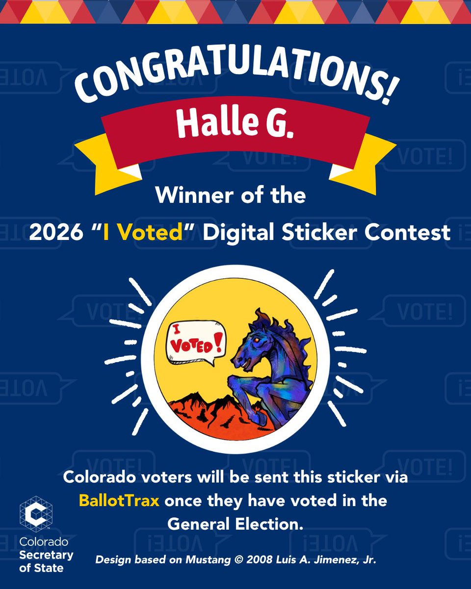COSecofState's tweet photo. Congratulations to Halle G., winner of the 2026 “I Voted” digital sticker contest!  Her winning design features Colorado’s iconic Mustang – also known as “Blucifer.” https://t.co/WxXnGWXqNy