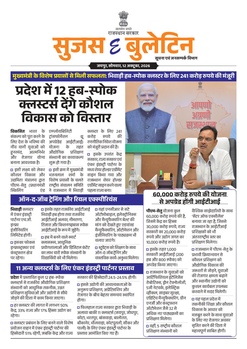 DIPRRajasthan's tweet photo. सुजस ई बुलेटिन 
12 अक्टूबर, 2026 

मुख्यमंत्री के विशेष प्रयासों से मिली सफलता: भिवाड़ी हब स्पोक क्लस्टर के लिए 241 करोड़ रुपए की मंजूरी, प्रदेश में 12 हब स्पोक क्लस्टर देंगे कौशल विकास को रफ्तार 

खरीफ में मांग से अधिक उर्वरकों की आपूर्ति : रबी सीजन में भी किसानों को मांग के अनुरूप मिलेगा डीएपी और यूरिया

मुख्य सचिव ने एथेंस में आईएएसआईए प्रबंधन बोर्ड की बैठक में वैश्विक प्रशासन को सशक्त बनाने की रूपरेखा रखी

रीको की नई पहल: औद्योगिक क्षेत्र के बेहतर प्रबंधन के लिए होगा ड्रोन सर्वे

@BhajanlalBjp @KumariDiya @DrPremBairwa @RajCMO @RajGovOfficial
#RajasthanGovernment #DIPRRajasthan #आपणो_अग्रणी_राजस्थान