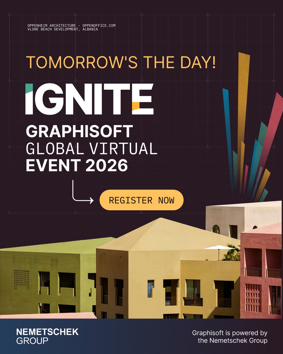 GraphisoftUK's tweet photo. Tomorrow's the day. Ignite - Graphisoft Global Virtual Event 2026 goes live, bringing Graphisoft's next product release straight to your screen before anyone else sees it. Register now: https://t.co/JniYtfyVpH https://t.co/inPwUrKrKv
