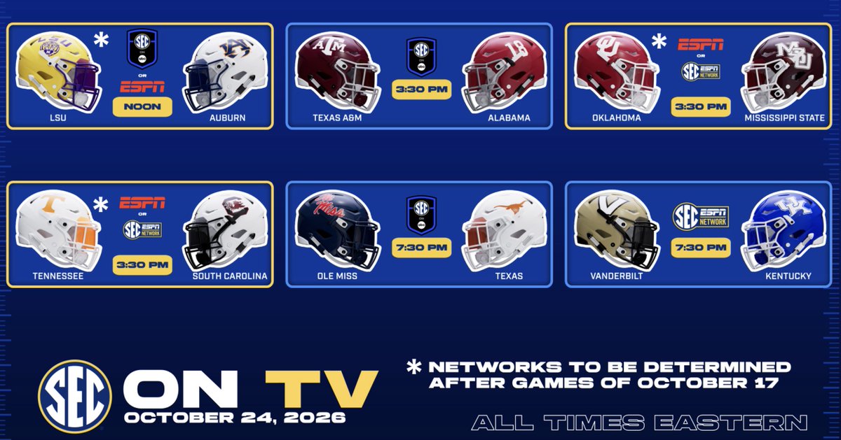 patsmithradio's tweet photo. SEC announces tv and kick times for October 24th. Plan accordingly. https://t.co/FA9G0ZcaPD