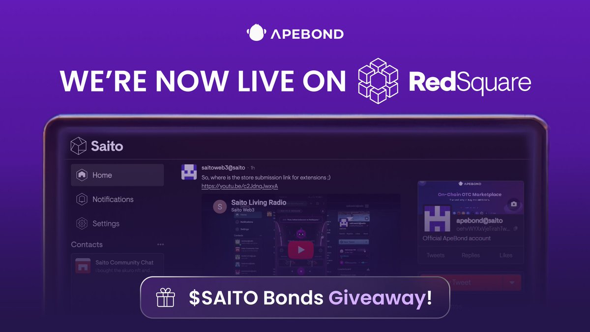 ApeBond's tweet photo. Apes landed on Red Square! 🦍

Red Square is @SaitoOfficial’s decentralized social platform, where users connect and share peer-to-peer.

🎁 To celebrate, we’re giving away 3 $SAITO Bonds worth $25 each! Interact with our first post there for a chance to win!
➡️ https://t.co/jWyDE4VT7g