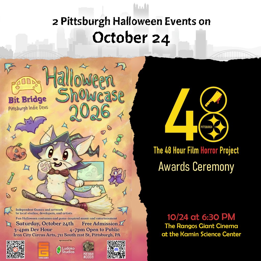 PortableMoose's tweet photo. We’re happy to sponsor these 2 local creative communities in Pittsburgh. Come say hi at the Bit Bridge Halloween Showcase and check out all the cool indie games. I’ll have to leave the showcase early this year, as I’ll also be attending the 48 Hour Film Horror Project Awards Show https://t.co/hr2K8Kb6BW