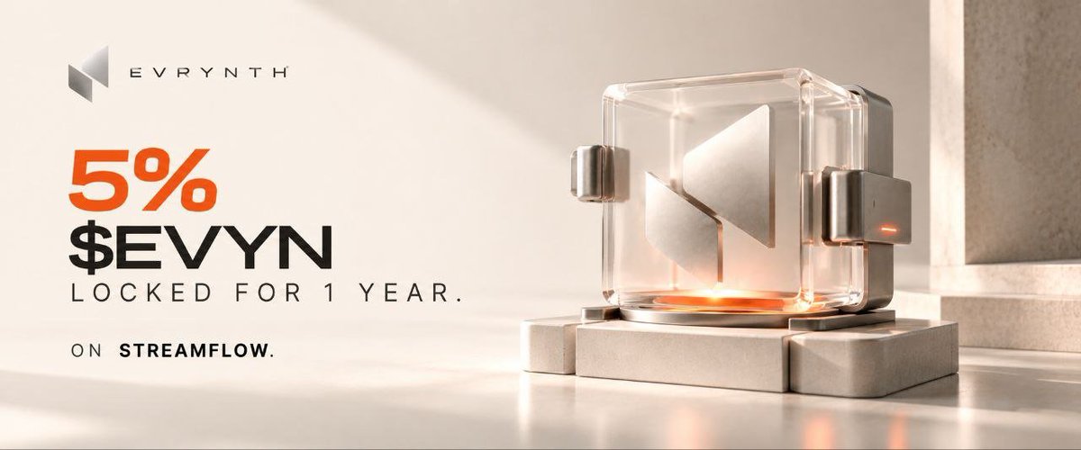 evrynth's tweet photo. COMMITMENT, ONCHAIN.

5% of the total $EVYN supply is now locked for one full year via Streamflow.

We’re here to build the marketplace, confidential commerce, machine economy  and what comes after.
Locked for 12 months. Building beyond it.

https://t.co/FRv2couhMH https://t.co/UTVQtdAQxH