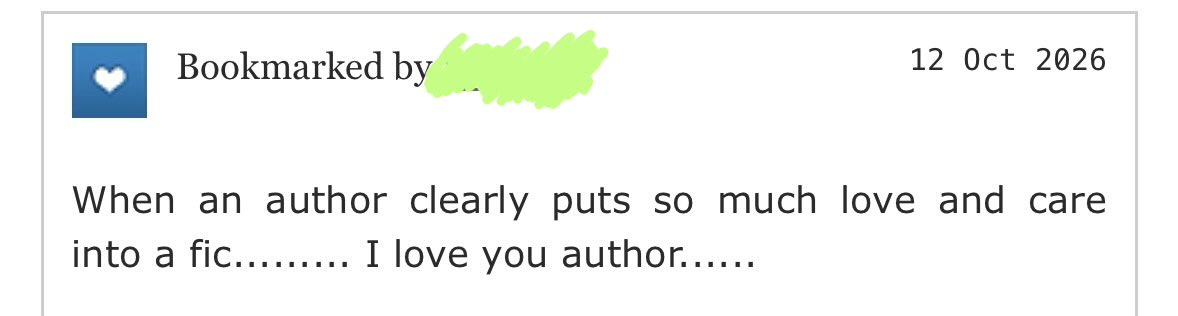 bijayceAO3's tweet photo. I love reading through my fic’s bookmarks. Please know that authors do in fact read them, so doing the whole ‘rating-a-fic-by-complaining-about-it-in-the-bookmarks thing’ feels a bit gauche. Please be polite like this commenter, or simply leave it blank! Much love to this reader! https://t.co/x0FEcjEBKx