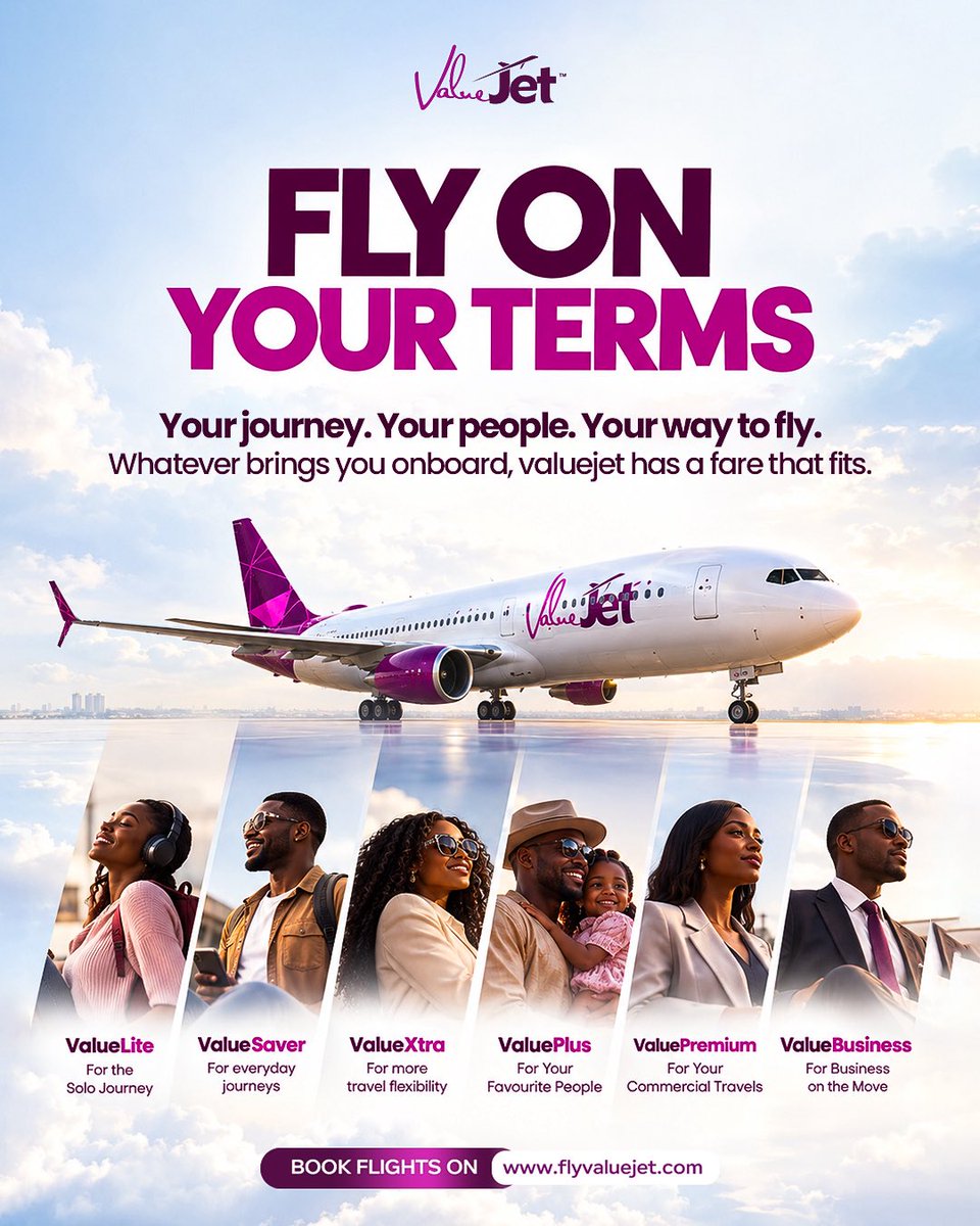 flyvaluejet's tweet photo. Every journey is different, and we have a fare that fits yours👌🏽

Your journey, your people, your way to fly. Fly on your terms with ValueJet!

Book now at https://t.co/ut3fIhCFxS. https://t.co/WIViq8sLe0