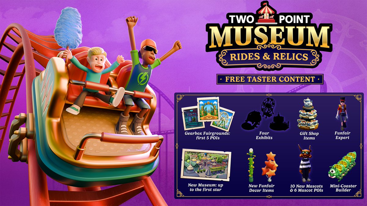 TwoPointStudios's tweet photo. Update 12.0 is LIVE on Switch 2!

🎢 Rides &amp; Relics  Act 1 for FREE
🎡 Build rides &amp; a custom coaster
🌷 A HOARD of outdoor options
🐈 Discover a new Digiverse Rift
🧀 Employ a variety of mascots
✨ &amp; MORE!

Museum curation is full of unexpected twists and turns, you see... https://t.co/F5ms4wIpbx
