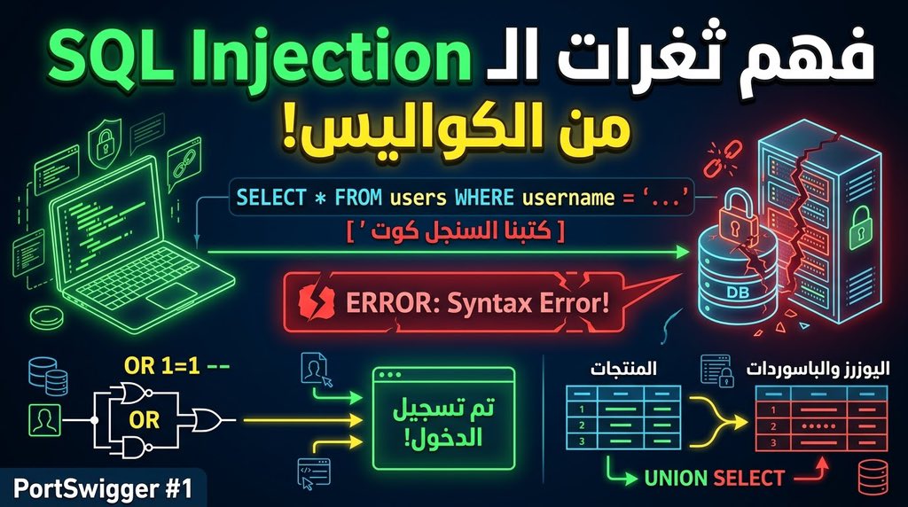 0xsb3lr's tweet photo. كثير يطبق ثغرات الـ SQL Injection بس مو فاهم وش قاعد يصير في الكواليس؟ 🤔🎯
أطلقنا المقطع الأول من سلسلة PortSwigger!
نفهم العقلية، وليه الاستعلام ينكسر وكيف يتصرف السيرفر 💻
🎥 الشرح كامل:
https://t.co/FZ7VleyITo
==================
#أمن_المعلومات #BugBounty #PortSwigger #SQLi https://t.co/00tK4TQDMf