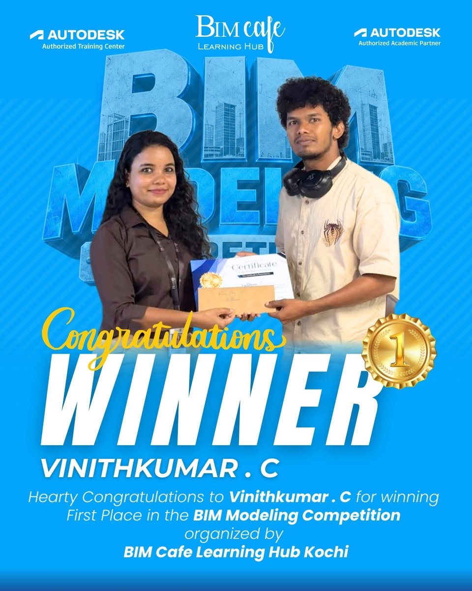 BIMCafe1's tweet photo. π Celebrating BIM talent!
Congratulations to Vinithkumar C (1st Place) and Sangeeth TP (2nd Place) in the BIM Modeling Competition at BIM Cafe Learning Hub, Kochi.
Great skills deserve recognition!
#BIMModeling #BIMTraining #BIMCafe https://t.co/znb8LJdRvP