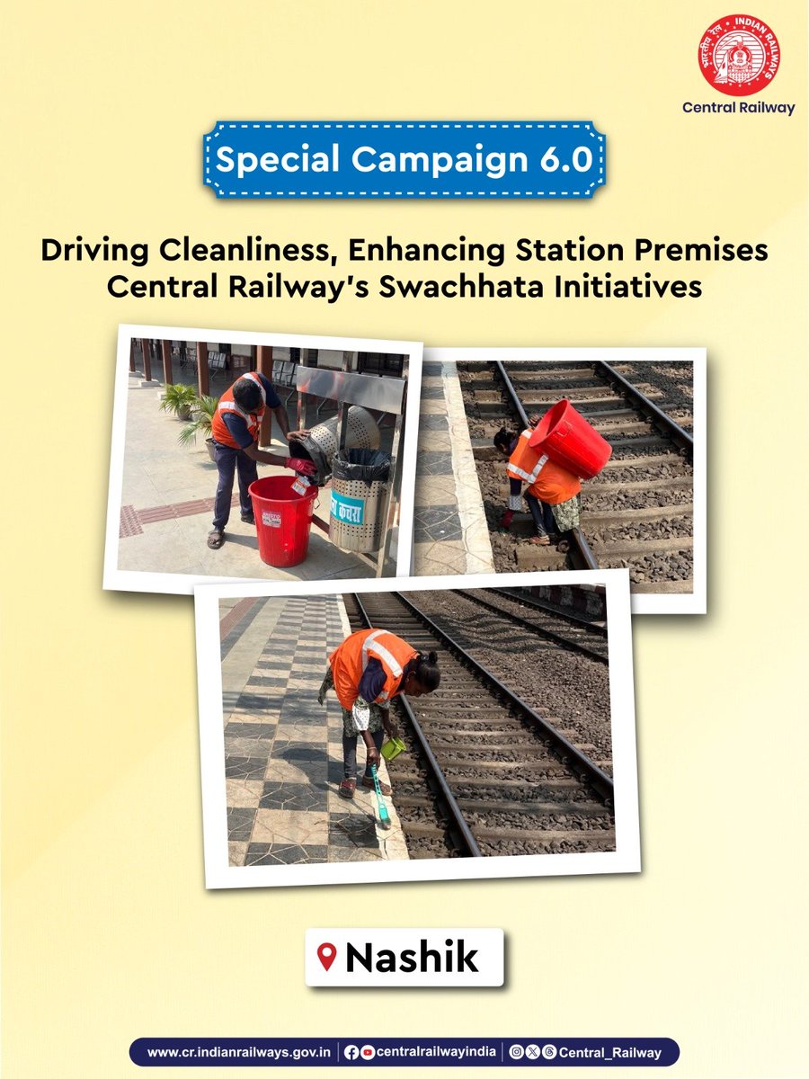 Central_Railway's tweet photo. Clean tracks. Cleaner surroundings. Better journeys. 🚆

Focused waste collection and track-side cleaning activities were carried out at Nashik as part of Special Campaign 6.0.

#CentralRailway #IndianRailways #SwachhataHiSeva #SwachhataPakhwada #Nashik https://t.co/ObGbpBzvGj