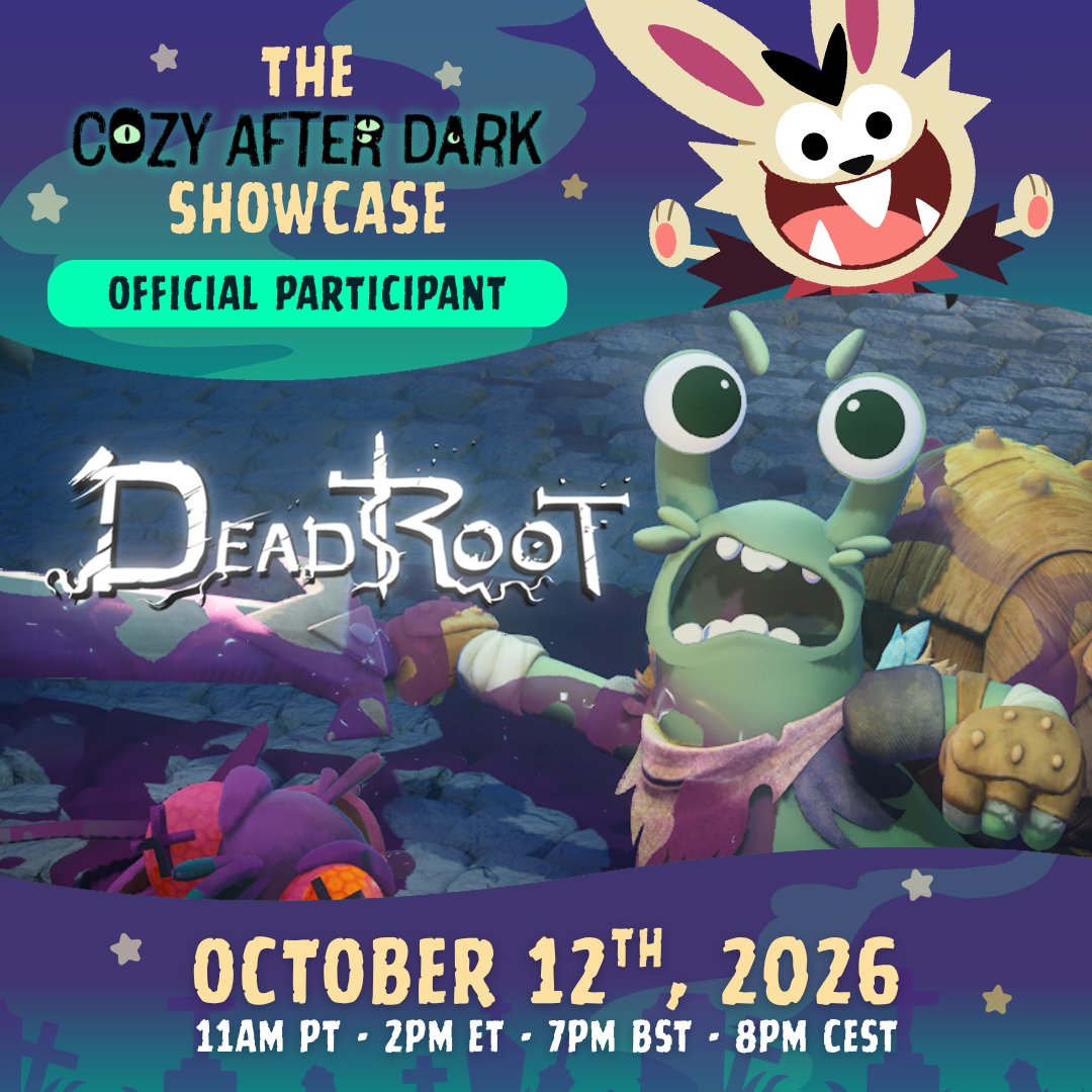 FinishLineGames's tweet photo. With Hallows' Eve creeping up, DeadRoot will be joining the Cozy After Dark Showcase (@CozyaftrDark)  on Oct 12th, so get comfy! 

Expect another sneak peek at our upcoming Metroidvania, plus a look at plenty of other cozy, creepy indie gems 🐌🎃

#CozyAfterDark #IndieGames #DeadRoot