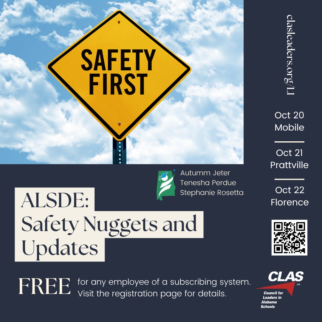 clasleaders's tweet photo. Building a safe school starts with strong leadership. ALSDE's School Safety Team shares practical updates, resources, and strategies to strengthen safety and preparedness — Oct 20-22 across Alabama. https://t.co/yzTPu05VCZ https://t.co/6mt4yqWnXt