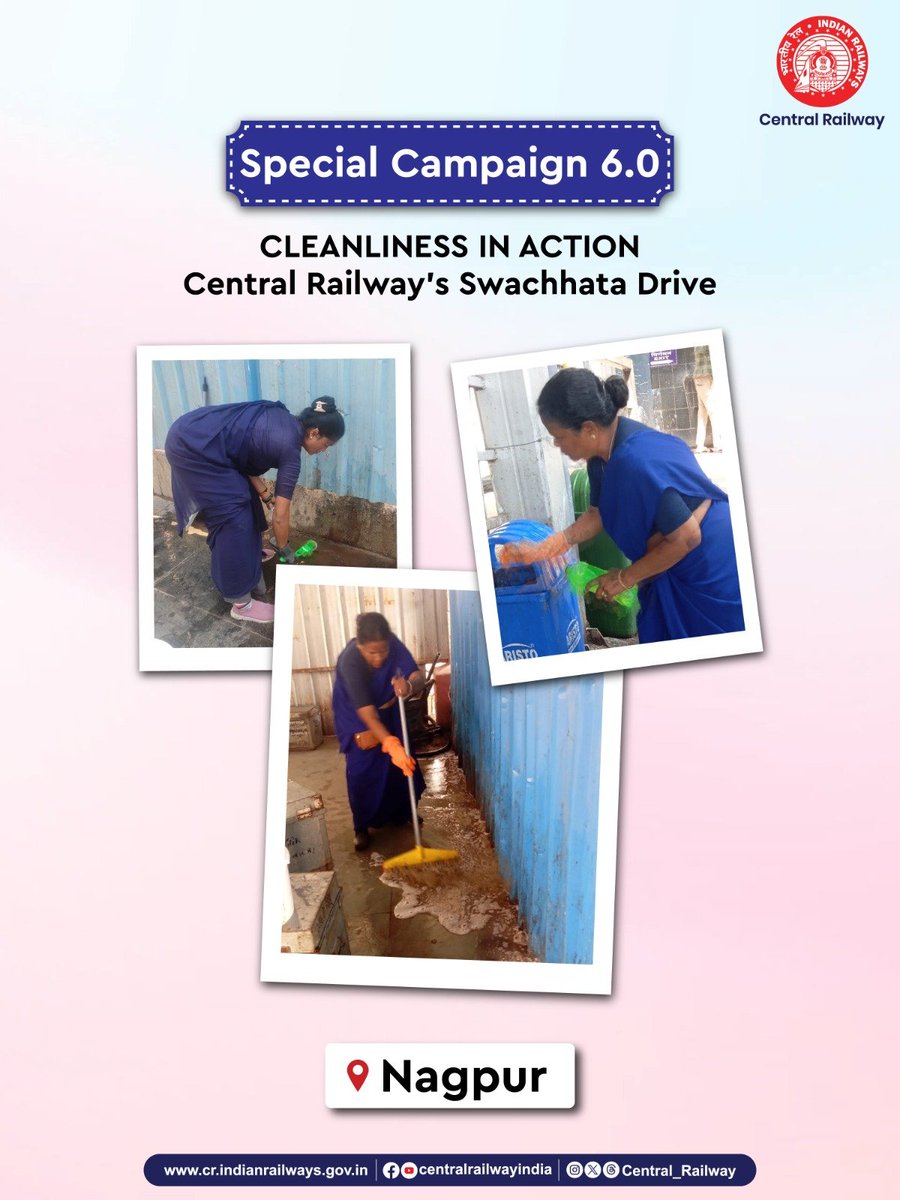 Central_Railway's tweet photo. Cleanliness is built through consistent effort.

Sanitation staff at Nagpur carried out focused cleaning and waste-handling activities under Special Campaign 6.0, helping maintain cleaner station surroundings.

#CentralRailway #IndianRailways #SwachhataHiSeva #SwachhataPakhwada #Nagpur