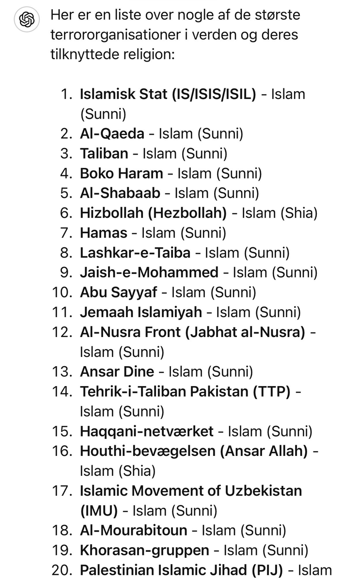 MitchelOliverV's tweet photo. Jeg bad ChatGPT lave en liste over de 20 største terrororganisationer i verden og angive hvilke religioner, de udspringer af.  

Hvad hæfter du dig ved? 🕋 https://t.co/3PEPP5cWY7