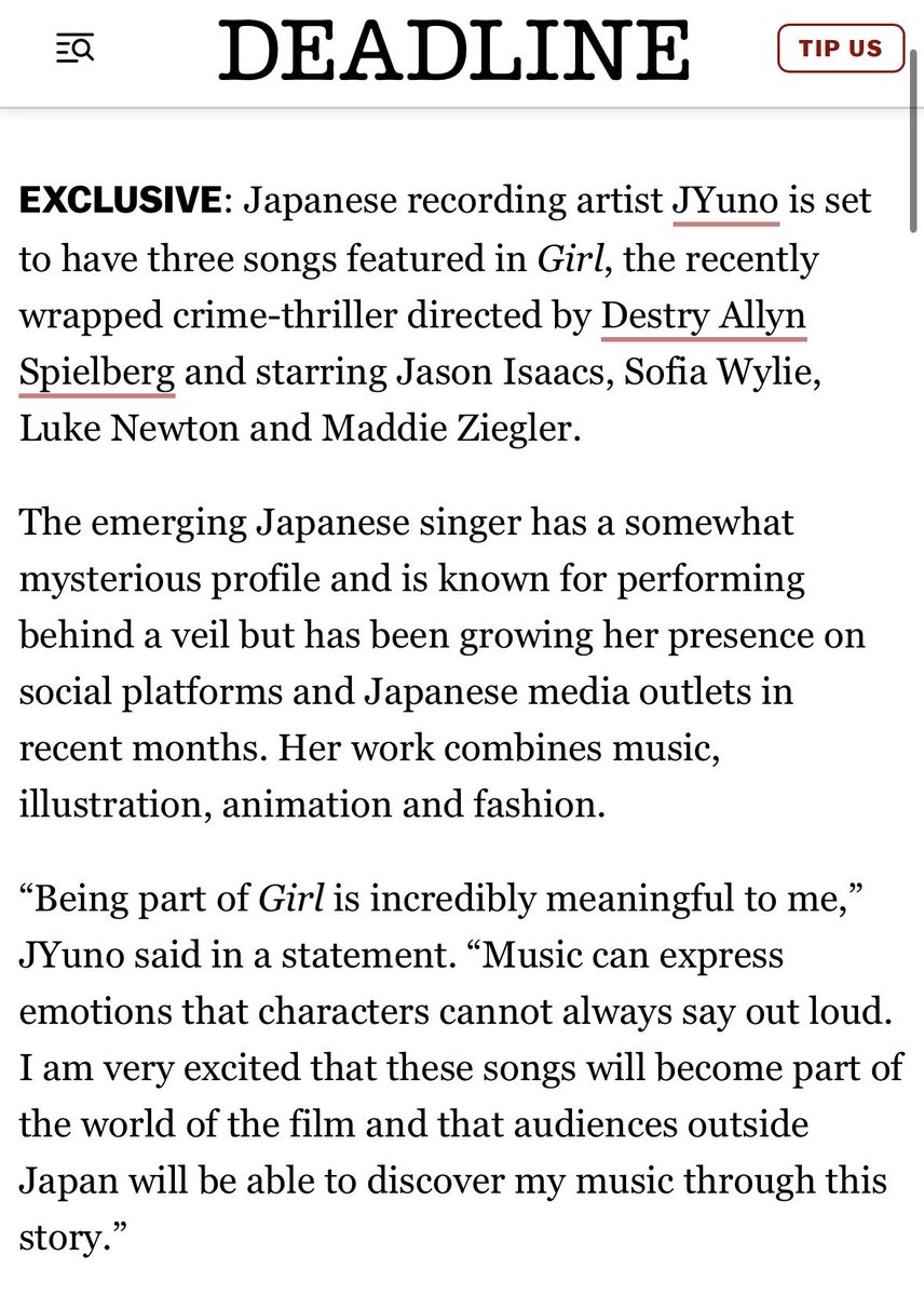 bestoflukenewts's tweet photo. ✨Girl film update: Girl is set to have 3 songs from Japanese artist JYuno✨

✨Luke Newton, Maddie Ziegler, Sofia Wylie, and Jason Issacs briefly mentioned in a new Deadline article: ‘Mysterious Japanese Artist JYuno Joins Soundtrack Of Destry Allyn Spielberg’s Starry Sophomore Film’✨

🔗: https://t.co/KUCM3YzUMd