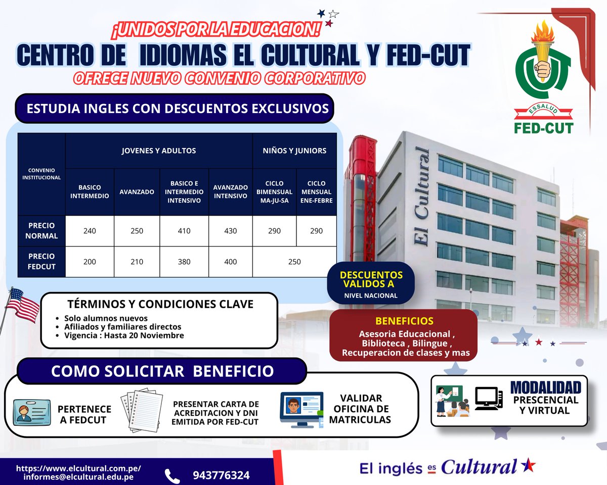 FedCut's tweet photo. ¡𝐀𝐭𝐞𝐧𝐜𝐢𝐨́𝐧, 𝐚𝐟𝐢𝐥𝐢𝐚𝐝𝐨𝐬 𝐲 𝐟𝐚𝐦𝐢𝐥𝐢𝐚𝐬 𝐝𝐞 𝐅𝐄𝐃-𝐂𝐔𝐓📷📷📷¡𝑼𝒏𝒊𝒅𝒐𝒔 𝒑𝒐𝒓 𝒕𝒖 𝒅𝒆𝒔𝒂𝒓𝒓𝒐𝒍𝒍𝒐 𝒚 𝒆𝒍 𝒅𝒆 𝒍𝒐𝒔 𝒕𝒖𝒚𝒐𝒔📷 Nuestro convenio corporativo con el Centro de Idiomas El Cultural.  #conveniosFEDCUT https://t.co/a8bcou0VPj