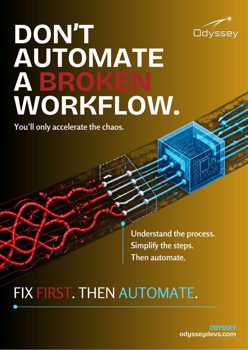 OdysseyDevs_'s tweet photo. Don't automate a broken workflow. You'll just make the chaos faster.
- Understand the process.
- Simplify the steps.
- Automate what works.
#ODYSSEY #WorkflowAutomation #BusinessAutomation #N8N #ProcessOptimization #OperationalEfficiency #BusinessGrowth #Automation https://t.co/gQertgUAp4