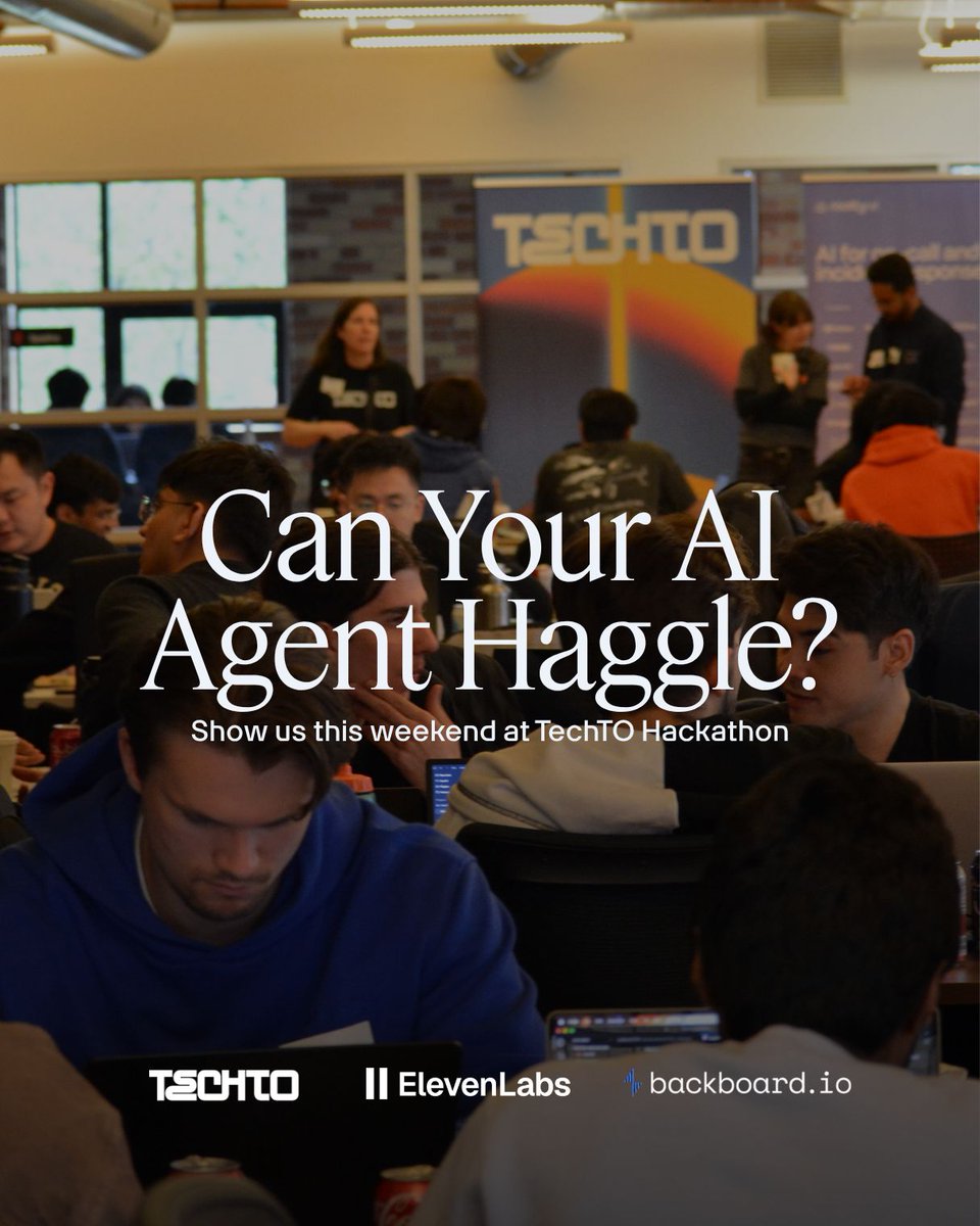 TechTO's tweet photo. Your AI agent has 12 hours to book a hotel room.

On October 17, every team's agent gets the same task at the same time: find the best hotel deal, make the phone call, and get the receipt by email. The fastest and cheapest booking wins.

The rules:
→ No ready-made agents
→ No browser automation
→ Your agent has to make a phone call

Coffee, lunch, pizza, and drinks are on us.

Spots are limited. Book yours today: https://t.co/VoySdRHRD9

Co-hosted with @ElevenLabs and @BackboardIO at Mave HQ!