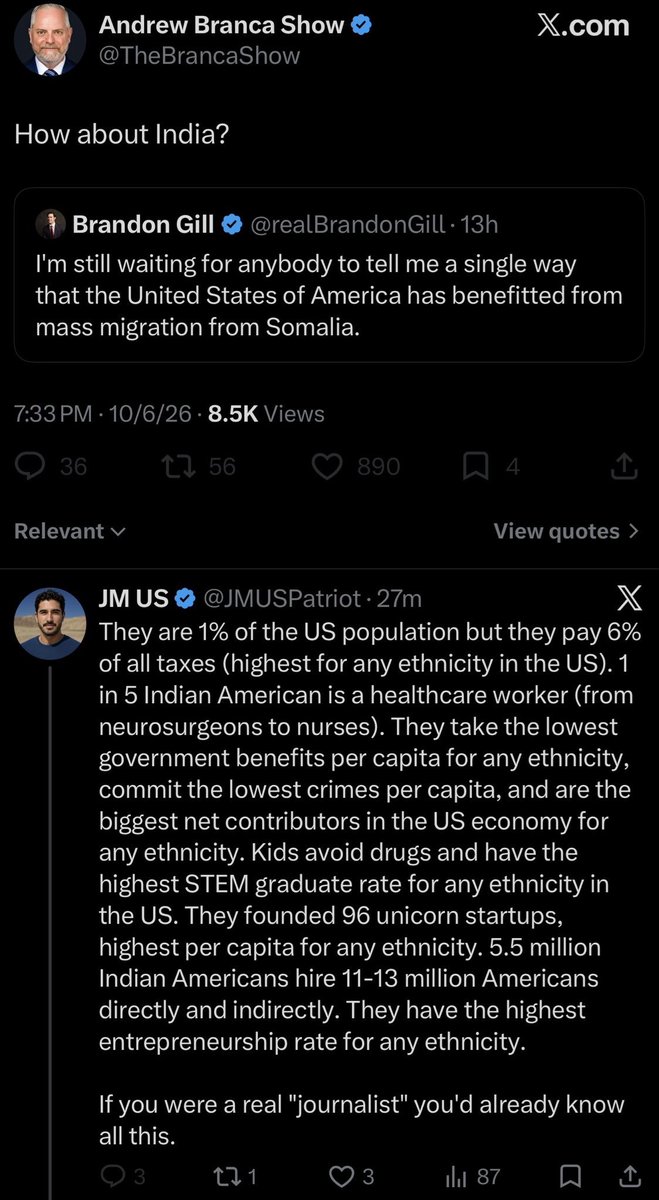 JMUSPatriot's tweet photo. This loser blocked me when I gave him some facts about Indian Americans. 

Proves that he's not here to debate immigration. He's just hating on Indians because he's told to do so. https://t.co/S5T4AXXXKY