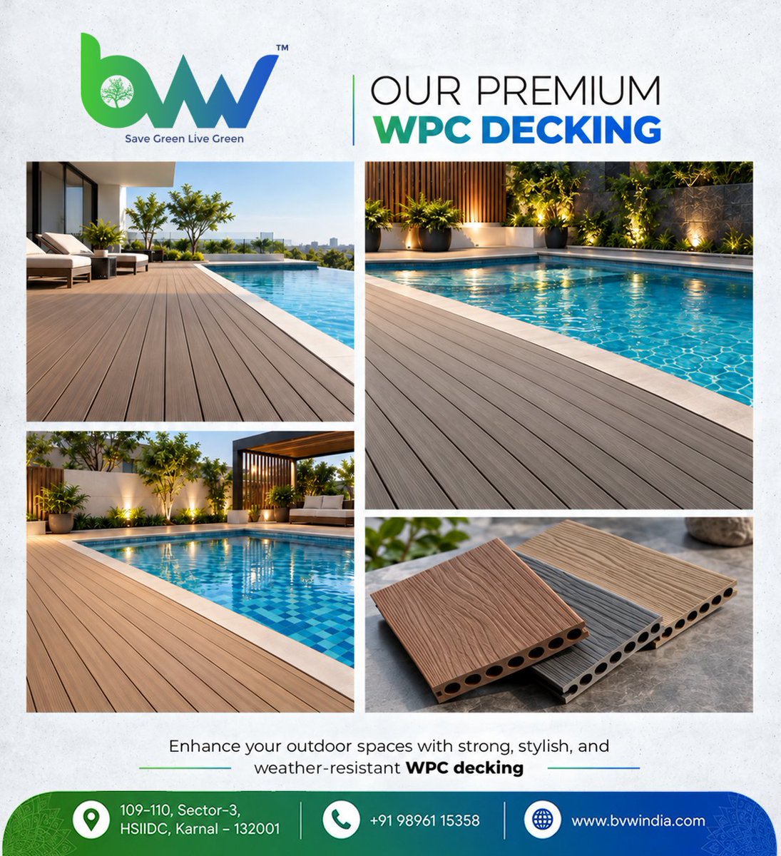 BvwIndia's tweet photo. ✨ Elevate your outdoor spaces with BVW India’s Premium WPC Decking! 🌿

Designed for style, strength &amp; weather resistance, our decking adds a modern touch to patios, poolside areas and outdoor spaces. 🏡

💚 Save Green. Live Green.

#WPC #WPCDecking #OutdoorLiving #ModernDesign https://t.co/If7jdXvazK