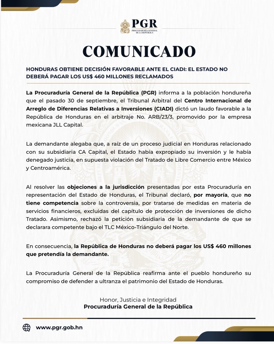 PGRHonduras's tweet photo. Honduras obtiene decisión favorable ante el CIADI: el Estado NO deberá pagar los US$ 460 millones reclamados. 

#PGR #Honduras #CIADI #Soberanía #EstadoDeDerecho #Legalidad https://t.co/c8aOa1yacR