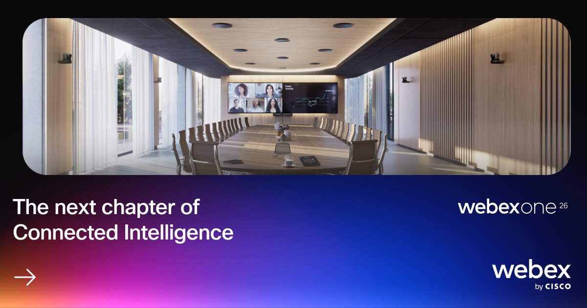 Webex's tweet photo. At WebexOne 2026, we’re moving beyond isolated AI tools to create an ecosystem where AI agents, physical workspaces, and infrastructure work in harmony.

Read the full vision for Connected Intelligence by Snorre Kjesbu, SVP &amp; GM of Collaboration: https://t.co/7OWWUX58X7 https://t.co/Y462guGSWx
