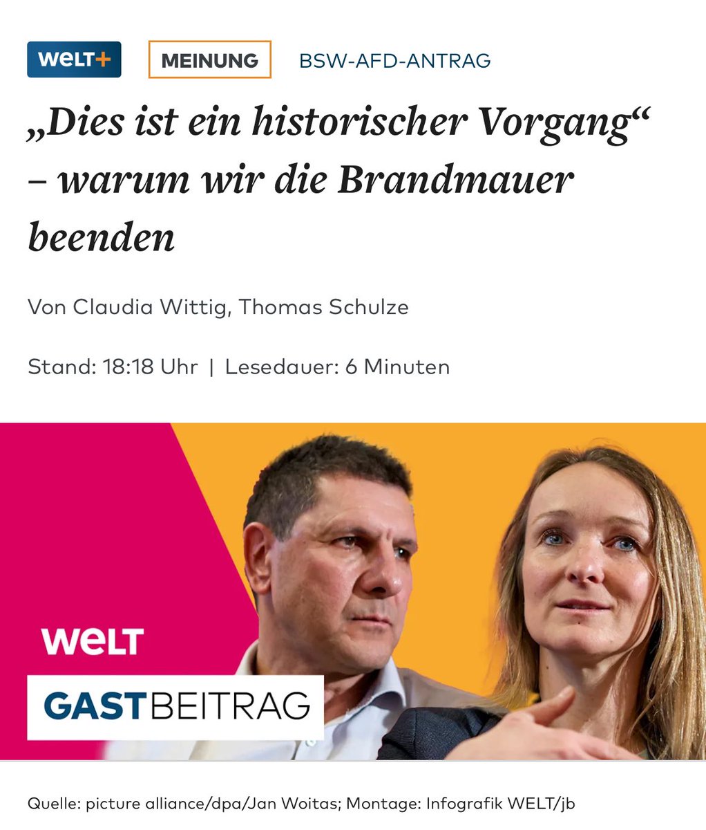 DSozialismus's tweet photo. Claudia Wittig und Thomas Schulze in der Welt:

„Zum ersten Mal wird sich ein deutsches Parlament klar gegen die #Ukraine-Politik der Bundesregierung und für Friedensverhandlungen zur Beilegung dieses Krieges aussprechen.
Und es ist der ultimative Einsturz der #Brandmauer.“

#BSW https://t.co/BW9tzzUmF0