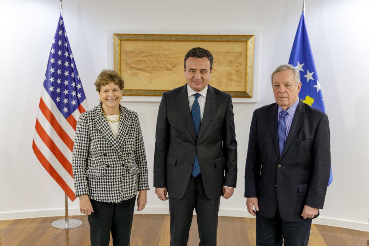 USEmbPristina's tweet photo. The U.S. Embassy welcomed @SenatorShaheen and @SenatorDurbin to Kosovo this afternoon. Joined by Chargé d'affaires ad interim Bell, the senators met with President Shiroka Pula and Prime Minister Kurti. https://t.co/U0yZNMPrB6