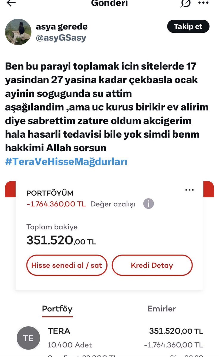RusenPress's tweet photo. TERA hisselerinde mağduriyetler, sosyal medyada binlerce insan tarafından gündem oluyor. 

Sadece ekonomi kurulları ve siyasetçiler görmezden geldi. İnsanların evine ekmek götürmek için ne alırsam kar olarak baktığı bir dönemde görmezden gelinmeleri ve yatırım yaparken risk almakla suçlanmaları da tepki çekiyor.

Ancak bu insanlar bu yatırımı yaparken SPK, Hazine Bakanlığı, Borsa İstanbul neredeydi diye soruyorlar fakat cevap alamıyorlar. 

Başarısızlık nedeniyle de kimse henüz istifa etmedi. 

@EmineErdogan 
@_cevdetyilmaz 
@cevdetakaychp 
@memetsimsek 
@yavuzagiraliog 
@umitozdag 
@MDervisogluTR 
@alibabacan 
@eczozgurozel 
@vekilince 
@kilicdarogluk
