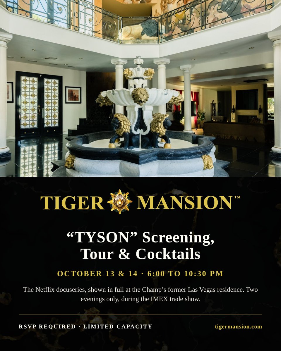 TigerMansionLV's tweet photo. Two nights only at Tiger Mansion: the "TYSON" docuseries in full at the Champ's former Las Vegas residence, with a tour and cocktails. Tue Oct 13 (world premiere) and Wed Oct 14, 6 to 10:30 pm.

RSVP required: https://t.co/NE9aTd2LuB 
#TigerMansion #LasVegas https://t.co/fNEdxwSEZs
