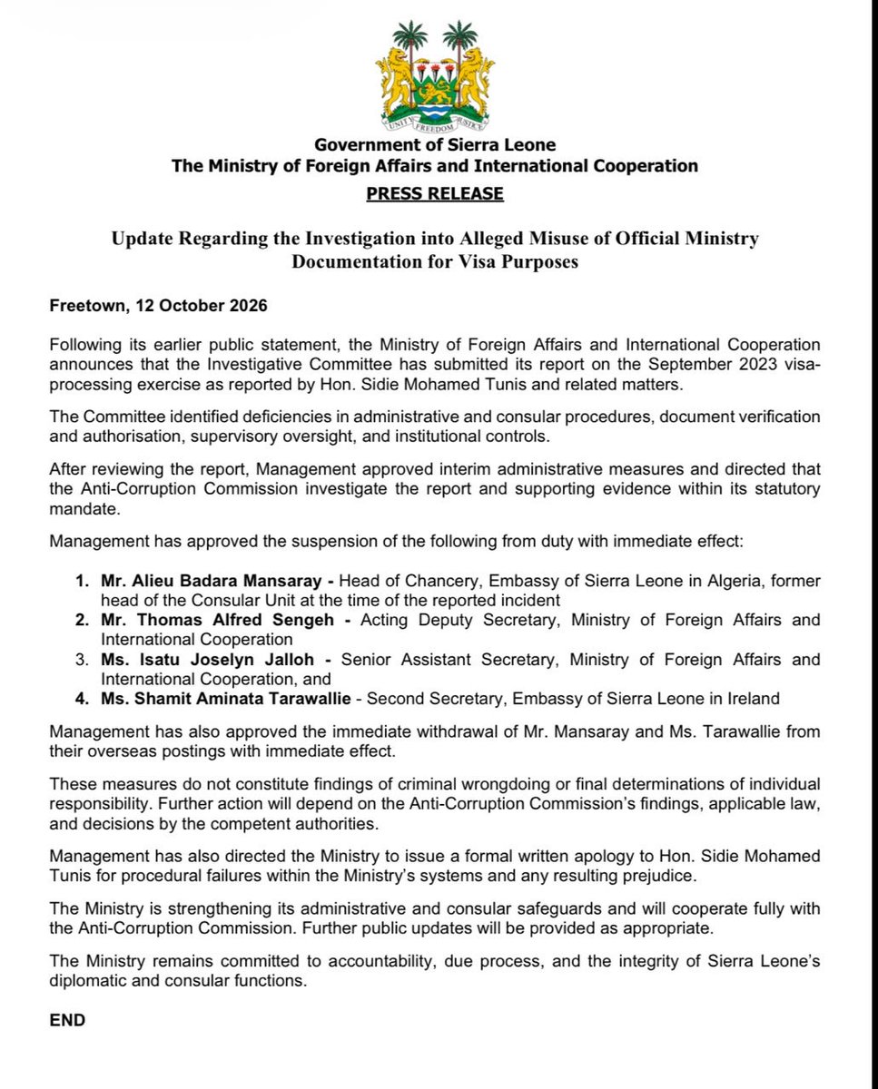 MoiceComm's tweet photo. ‼️‼️‼️‼️‼️‼️‼️‼️‼️‼️‼️‼️‼️

Press Release

Update Regarding the Investigation into Alleged Misuse of Official Ministry Documentation for Visa Purposes

#SaloneBigPassWiAll https://t.co/q5hqeLVLkS
