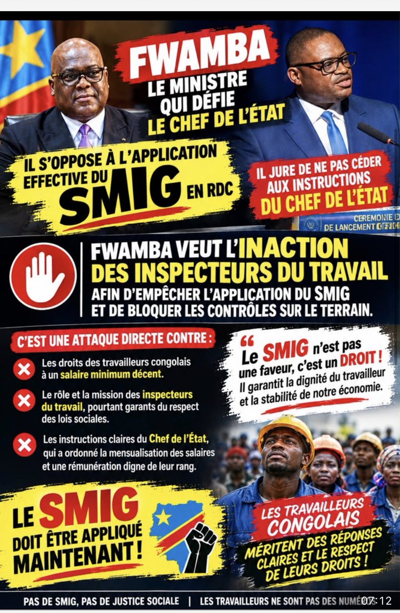 CamusLimbaya6's tweet photo. *Certains journalistes, que nous soupçonnons d’être payés par des responsables du ministère des Finances, sont en train de ternir l’image du Chef de l’État.* *Comment un journaliste peut-il se permettre d’affirmer que l’État congolais ne paie pas la totalité des barèmes salariaux des agents, comme si cette situation devait justifier le non-respect des engagements pris envers les travailleurs ?*
*Un ministre est de passage, mais l’État congolais demeure.* 
*Comment un membre du Gouvernement peut-il s’opposer aux instructions du Chef de l’État, qui est le garant de la Nation ?*
*Aucun agent de l’Inspection générale du travail n’a été recruté par le ministre des Finances.* 
*Nous avons été recrutés par l’État congolais, et non par un ministre.*
*Par conséquent, notre rémunération relève de la responsabilité de l’État.*
*C’est le Chef de l’État, Son Excellence Félix Antoine TSHISEKEDI Tshilombo, qui a donné des instructions concernant la réforme de l’Inspection générale du travail et l’amélioration de la prise en charge de ses agents.*
*Nous demandons simplement que ces instructions soient effectivement mises en œuvre et que les droits des inspecteurs, des contrôleurs et des agents administratifs de l’IGT soient respectés.*
*Le respect des engagements de l’État envers ses agents ne doit pas devenir un sujet de manipulation médiatique.* *Les agents de l’IGT méritent des réponses concrètes, le respect de leurs droits et une rémunération conforme aux engagements pris à leur égard.*
*L’État congolais nous a recrutés : c’est donc à lui d’assumer ses responsabilités.*