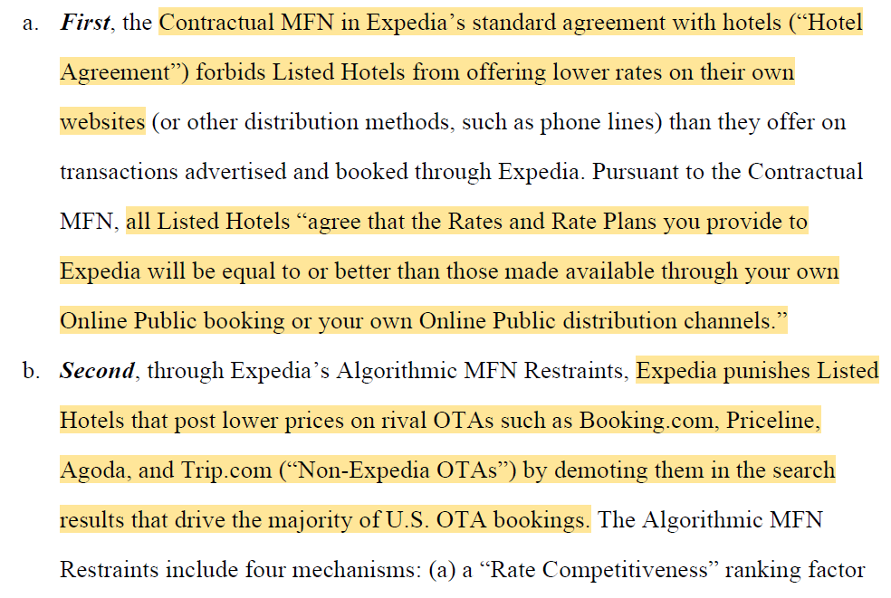 LeeHepner's tweet photo. Expedia prohibits hotels from offering better rates on their own websites or other distribution channels, like non-Expedia sites Booking dot com, Priceline, or Agoda.

Then it enforces its scheme by demoting hotels in search results if they violate the policy. https://t.co/xDpqNvZJMP