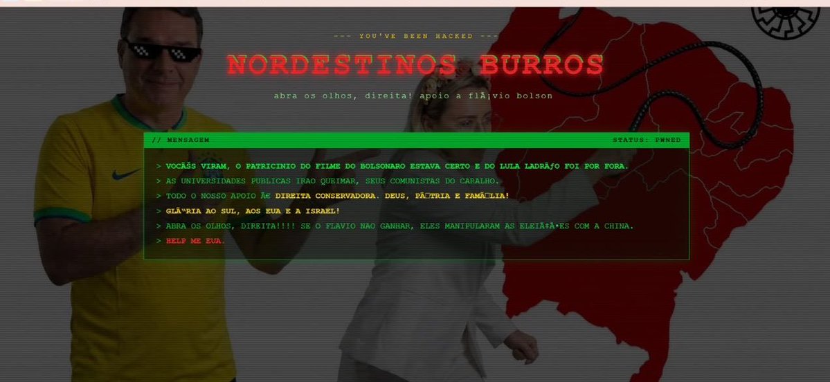 KriskaCarvalho's tweet photo. Hackearam o site da Ancine. É claro que vão atacar a arte e a cultura brasileira. E qual foi a primeira coisa que fizeram? Cometeram xenofobia e atacaram o povo nordestino.

Não fica difícil saber em quem votar nessas eleições, não é verdade? Ainda mais se você for nordestino.

Não vote no Flávio Bolsonaro, que é filho de xenófobo e faz parte de um grupo xenófobo que odeia o povo nordestino.

Bora votar no Lula!