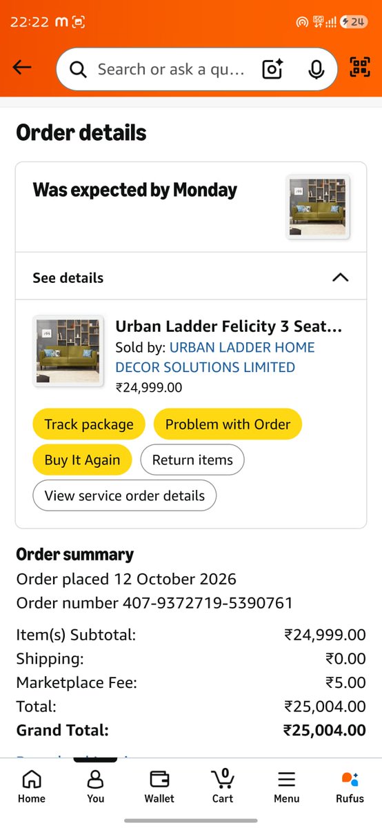 AjitKumarSatap5's tweet photo. Very disappointed with @AmazonIN @UrbanLadder!   Ordered a Sofa, promised for delivery today. It was "Out for delivery" at 3:21 PM, Kept waiting all day for seller in-house delivery! Give me an immediate fixed delivery deadline within 24 hours or cancel &amp; issue a full refund https://t.co/BYG4A2dfB7