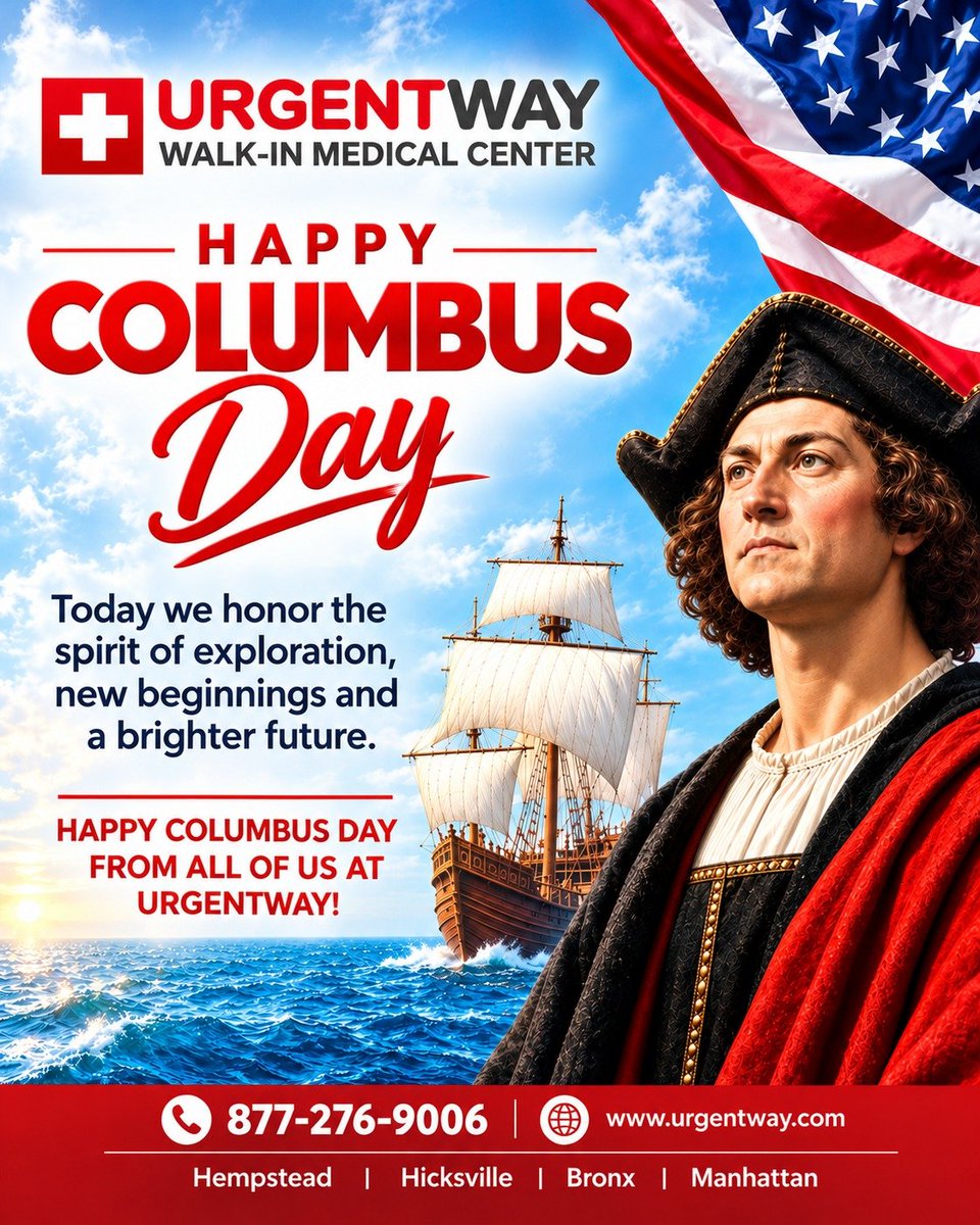 urgentwayNYC's tweet photo. Happy Columbus Day!
Today we honor the spirit of exploration, new beginnings and a brighter future.
Happy Columbus Day from all of us at UrgentWay! ❤️🇺🇸
#HappyColumbusDay #ColumbusDay #ColumbusDay2026 #UrgentWay https://t.co/7QhM3jmH3r