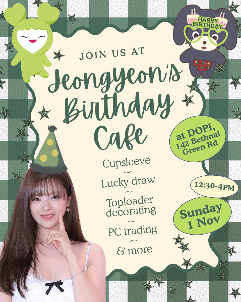 _Nojamma's tweet photo. 🎂 Announcing JEONGYEON’S BIRTHDAY CAFE! 🎂
Join us to celebrate Twice’s Jeongyeon on her birthday, Sunday 1 November 2026 💚

More information and bookings at https://t.co/c2tvPoCtCN 

Additional details and previews to follow! 👀 

#jeongyeon #twicejeongyeon #birthdaycafe #twicelondon #twice
